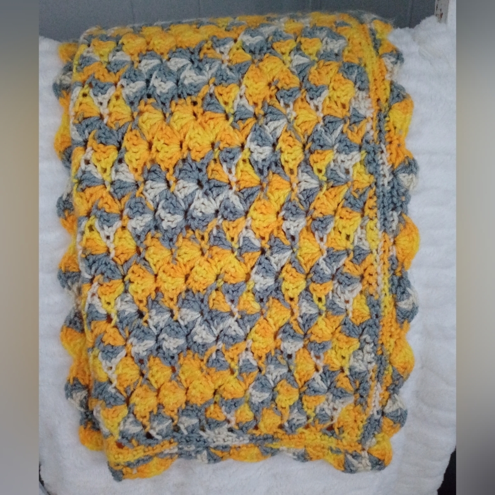 Handmade Yellow and Gray Crochet Lap Blanket